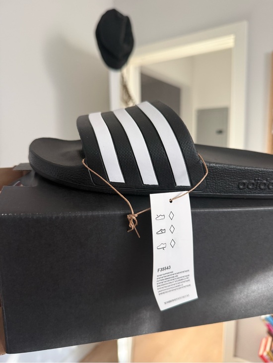 adidas Shoes - adidas Black Slide Sandals with White Stripes